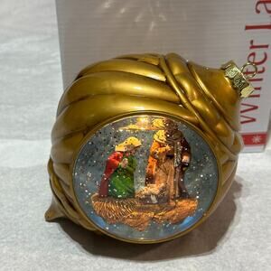 Winter Lane Nativity Musical Lighted Snow Globe Gold Ornament New